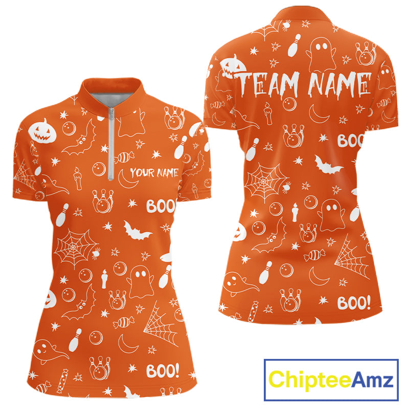Halloween Bowling Jersey Custom Name Orange Bowling Shirt For Women Spooky Ghost Bat Bowling Team Gifts NYN4311