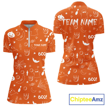 Halloween Bowling Jersey Custom Name Orange Bowling Shirt For Women Spooky Ghost Bat Bowling Team Gifts NYN4311