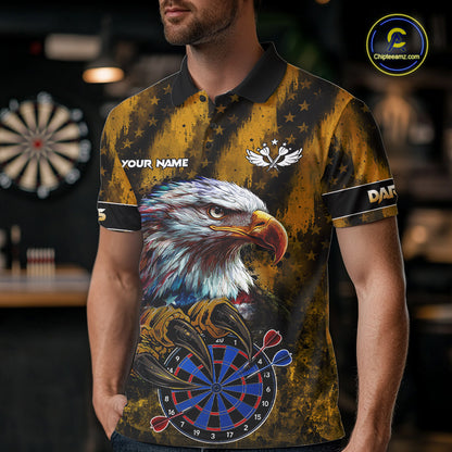 American Flag Eagle Men Darts Polo & 1/4-Zip Shirt Custom Patriotic Outfit Dart Team Jersey | Yellow NYN4320