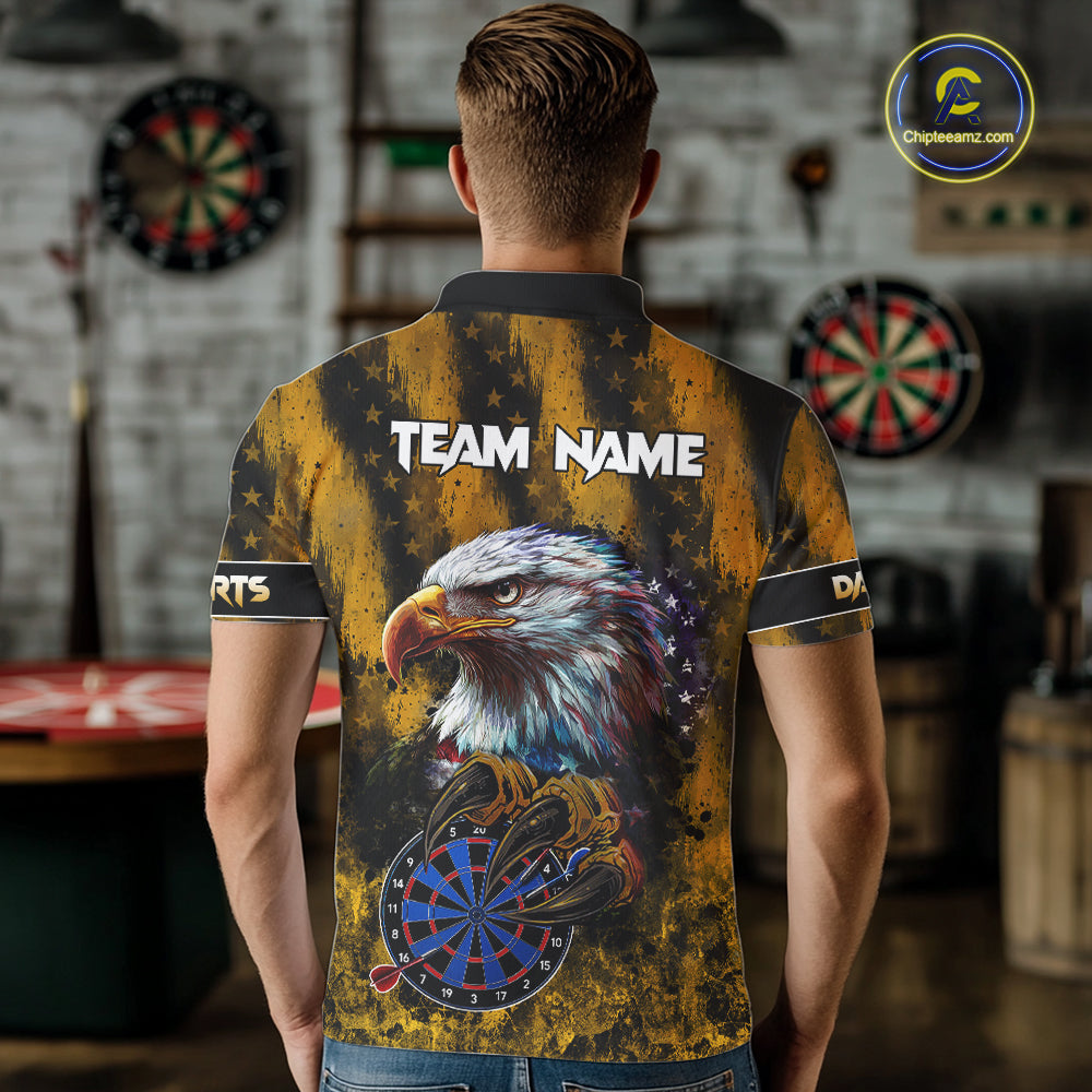 American Flag Eagle Men Darts Polo & 1/4-Zip Shirt Custom Patriotic Outfit Dart Team Jersey | Yellow NYN4320
