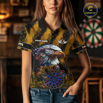 American Flag Eagle Women Darts Polo & 1/4-Zip Shirt Custom Patriotic Outfit Dart Team Jersey | Yellow NYN4320