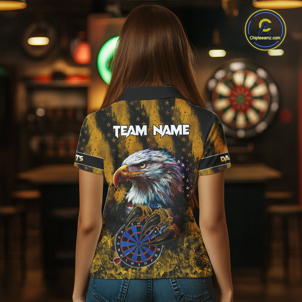 American Flag Eagle Women Darts Polo & 1/4-Zip Shirt Custom Patriotic Outfit Dart Team Jersey | Yellow NYN4320