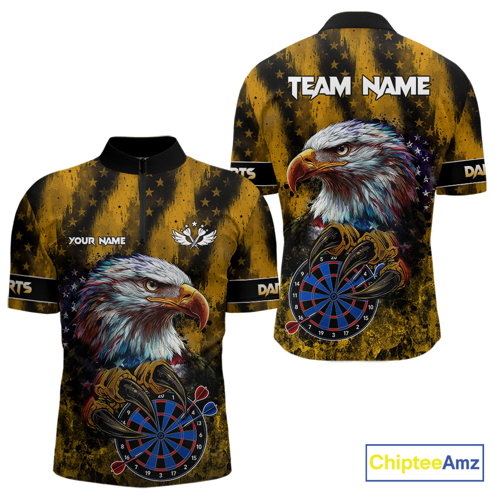 American Flag Eagle Men Darts Polo & 1/4-Zip Shirt Custom Patriotic Outfit Dart Team Jersey | Yellow NYN4320