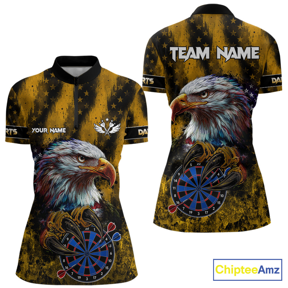 American Flag Eagle Women Darts Polo & 1/4-Zip Shirt Custom Patriotic Outfit Dart Team Jersey | Yellow NYN4320