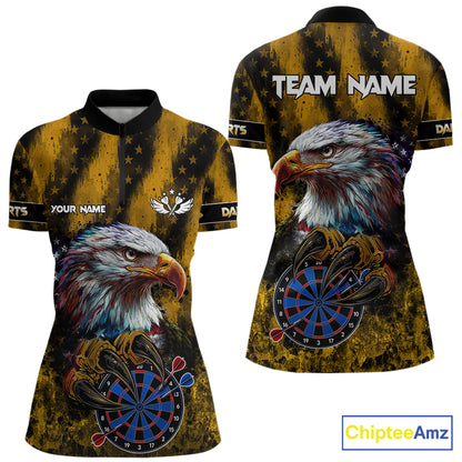 American Flag Eagle Women Darts Polo & 1/4-Zip Shirt Custom Patriotic Outfit Dart Team Jersey | Yellow NYN4320
