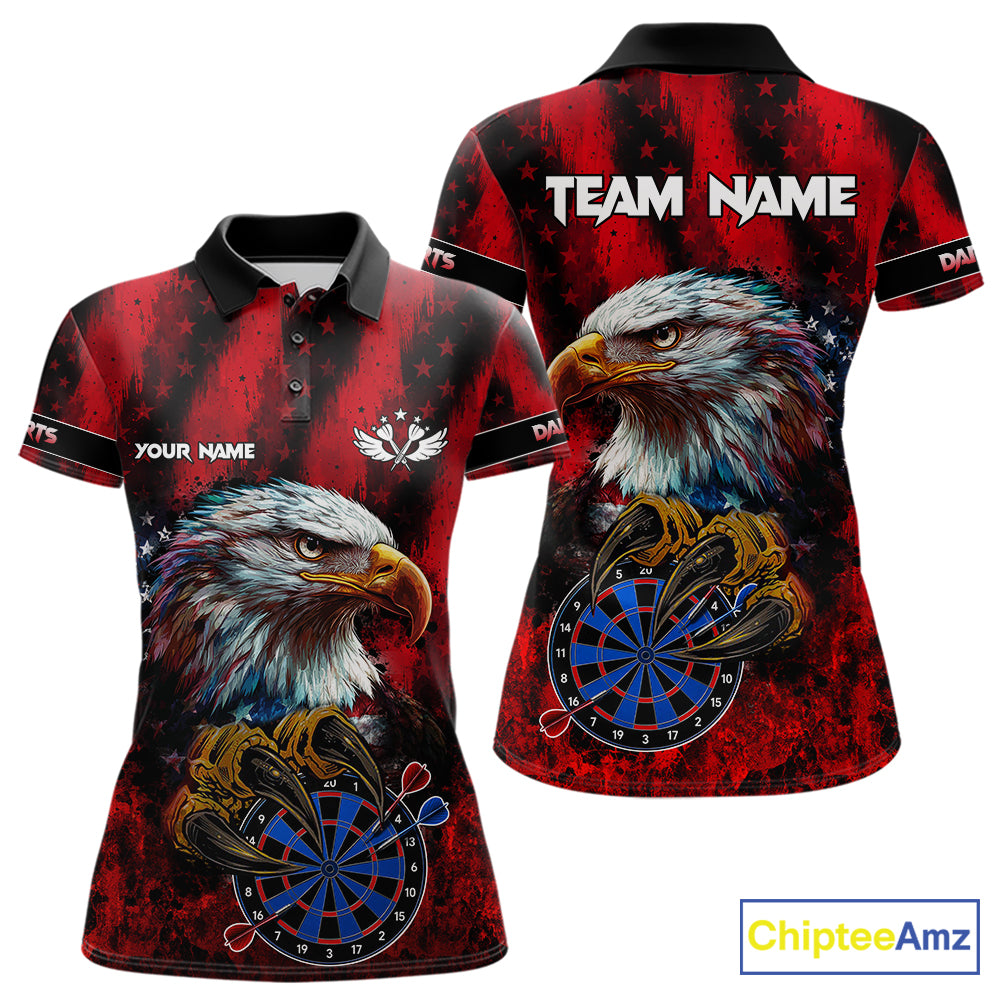 American Flag Eagle Women Darts Polo & 1/4-Zip Shirt Custom Patriotic Outfit Dart Team Jersey | Red NYN4321