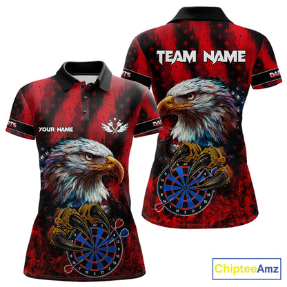 American Flag Eagle Women Darts Polo & 1/4-Zip Shirt Custom Patriotic Outfit Dart Team Jersey | Red NYN4321