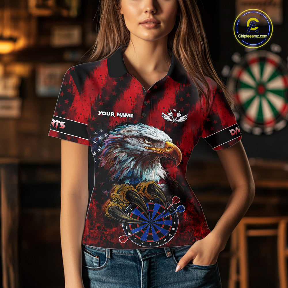 American Flag Eagle Women Darts Polo & 1/4-Zip Shirt Custom Patriotic Outfit Dart Team Jersey | Red NYN4321