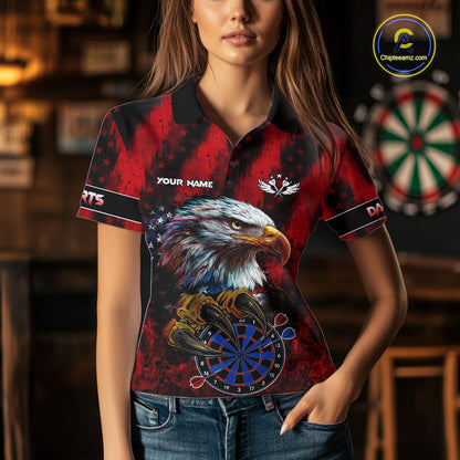 American Flag Eagle Women Darts Polo & 1/4-Zip Shirt Custom Patriotic Outfit Dart Team Jersey | Red NYN4321