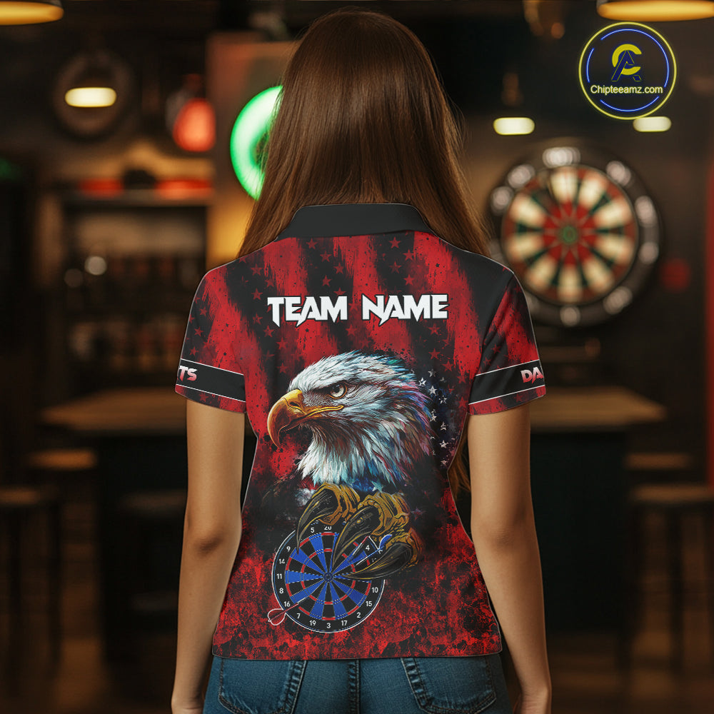 American Flag Eagle Women Darts Polo & 1/4-Zip Shirt Custom Patriotic Outfit Dart Team Jersey | Red NYN4321