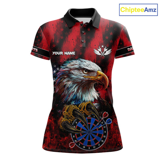 American Flag Eagle Women Darts Polo & 1/4-Zip Shirt Custom Patriotic Outfit Dart Team Jersey | Red NYN4321