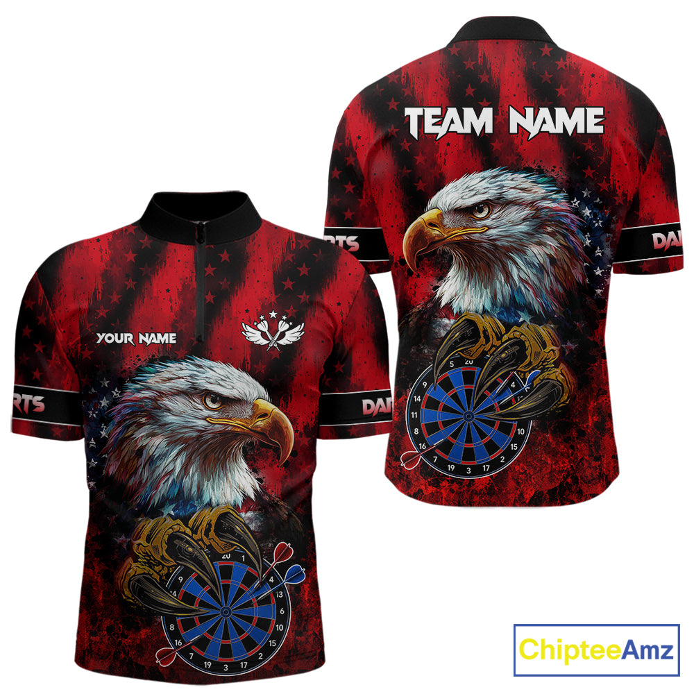 American Flag Eagle Men Darts Polo & 1/4-Zip Shirt Custom Patriotic Outfit Dart Team Jersey | Red NYN4321