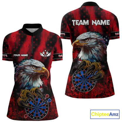 American Flag Eagle Women Darts Polo & 1/4-Zip Shirt Custom Patriotic Outfit Dart Team Jersey | Red NYN4321