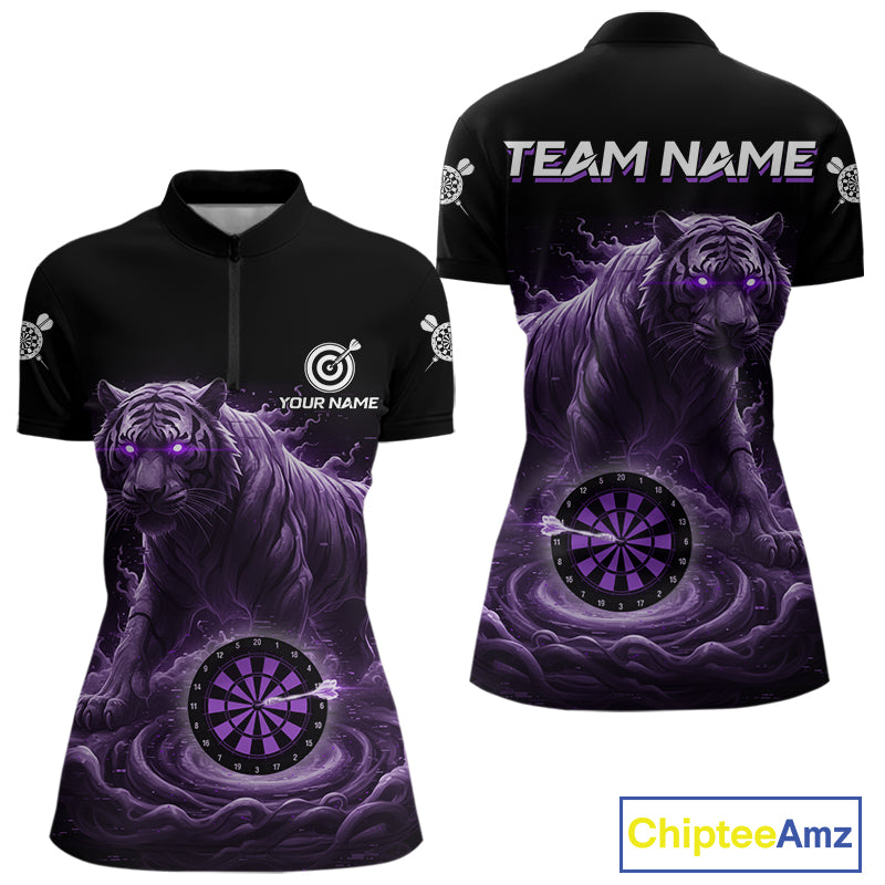 Custom Purple Smokes Funny Tiger Dartboard Women Darts Quarter-Zip Shirt, Outfits Dart Jerseys NYN1810