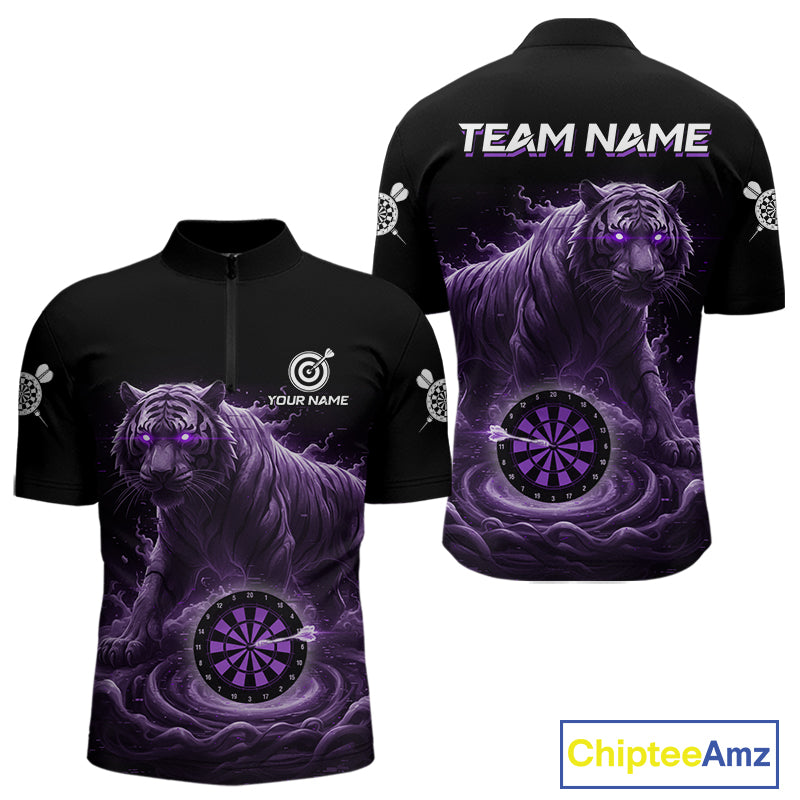 Custom Purple Smokes Funny Tiger Dartboard Men Darts Quarter-Zip Shirt, Outfits Dart Jerseys NYN1810