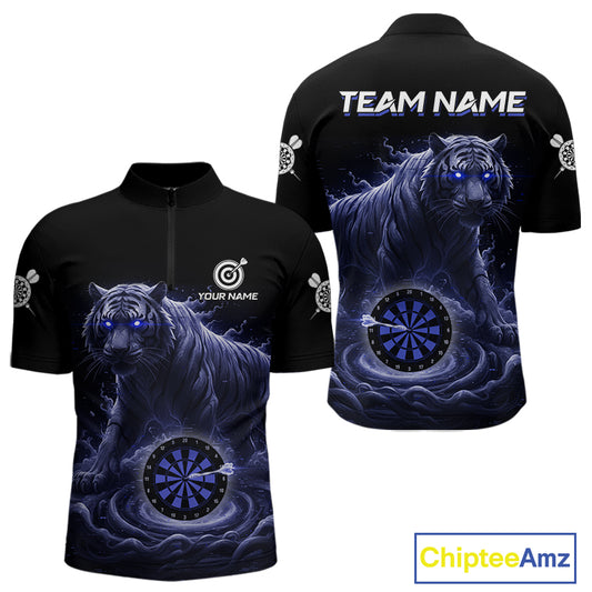 Custom Blue Smokes Funny Tiger Dartboard Men Darts Quarter-Zip Shirt, Outfits Dart Jerseys NYN1811
