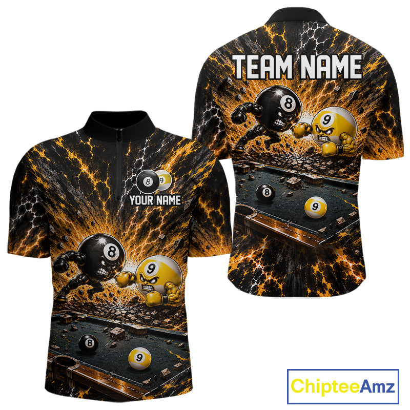 Funny 8 Ball 9 Ball Battle Men Billiards Jersey Custom Team Name Pool Billiard Team Polo 1/4-Zip Shirt NYN5070