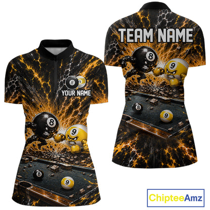 Funny 8 Ball 9 Ball Battle Women Billiards Jersey Custom Team Name Pool Billiard Team Polo 1/4-Zip Shirt NYN5070