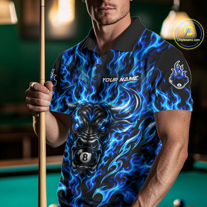 Fire Flame Bull 8 Ball Billiard Shirt For Men Custom Flame Pool Billiard Tournament Jersey |Blue NYN5076