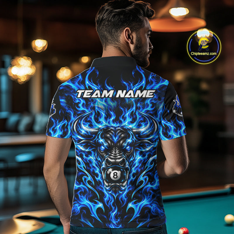 Fire Flame Bull 8 Ball Billiard Shirt For Men Custom Flame Pool Billiard Tournament Jersey |Blue NYN5076