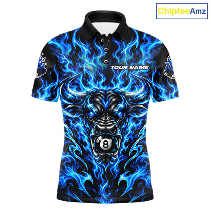 Fire Flame Bull 8 Ball Billiard Shirt For Men Custom Flame Pool Billiard Tournament Jersey |Blue NYN5076