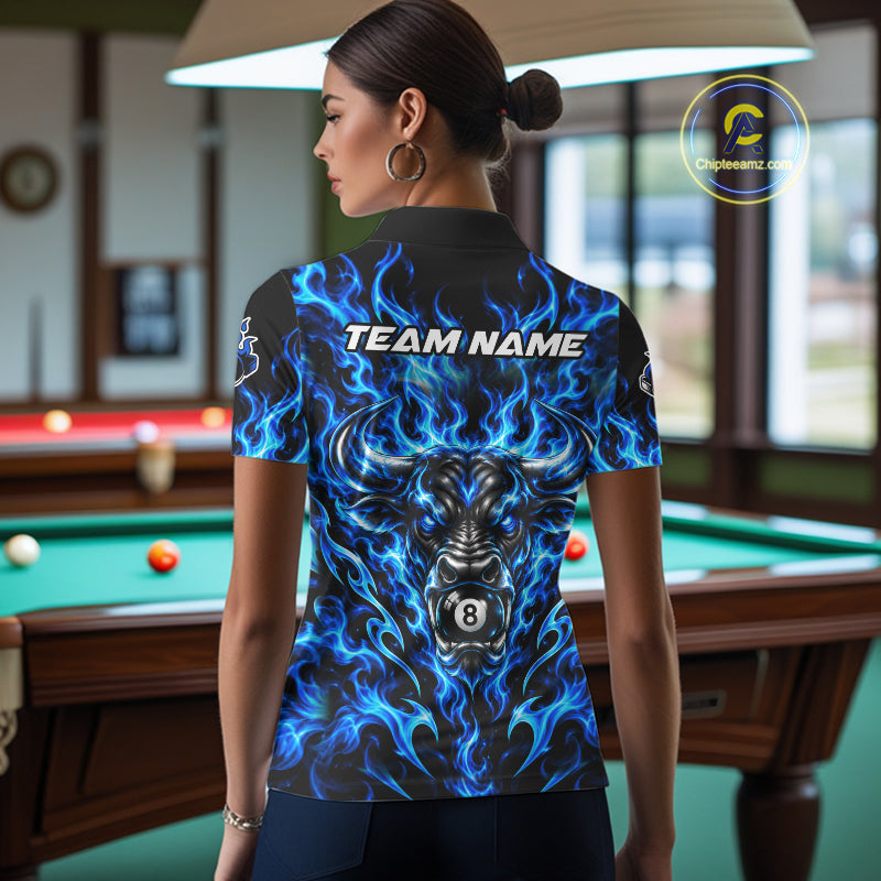Fire Flame Bull 8 Ball Billiard Shirt For Women Custom Flame Pool Billiard Tournament Jersey |Blue NYN5076