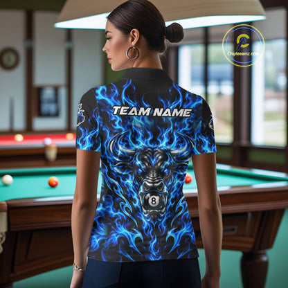 Fire Flame Bull 8 Ball Billiard Shirt For Women Custom Flame Pool Billiard Tournament Jersey |Blue NYN5076