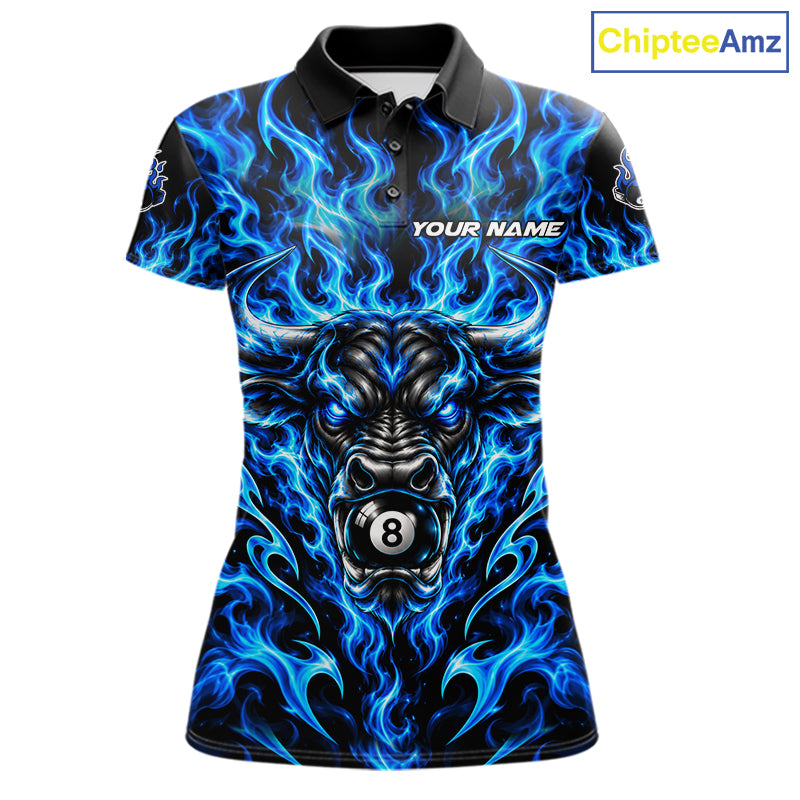 Fire Flame Bull 8 Ball Billiard Shirt For Women Custom Flame Pool Billiard Tournament Jersey |Blue NYN5076