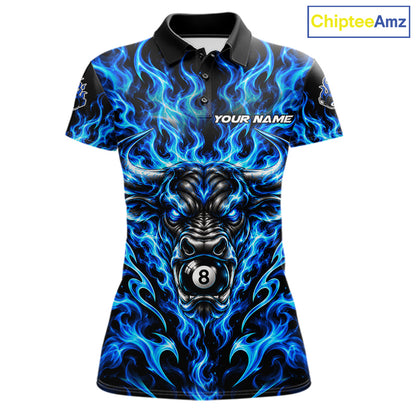 Fire Flame Bull 8 Ball Billiard Shirt For Women Custom Flame Pool Billiard Tournament Jersey |Blue NYN5076