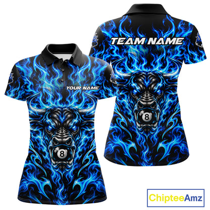 Fire Flame Bull 8 Ball Billiard Shirt For Women Custom Flame Pool Billiard Tournament Jersey |Blue NYN5076