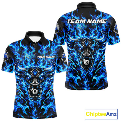 Fire Flame Bull 8 Ball Billiard Shirt For Men Custom Flame Pool Billiard Tournament Jersey |Blue NYN5076