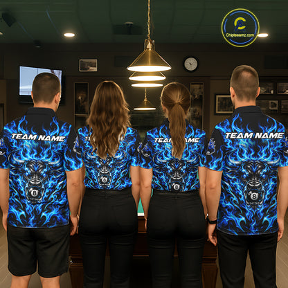 Fire Flame Bull 8 Ball Billiard Shirt For Women Custom Flame Pool Billiard Tournament Jersey |Blue NYN5076