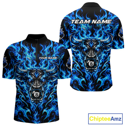 Fire Flame Bull 8 Ball Billiard Shirt For Men Custom Flame Pool Billiard Tournament Jersey |Blue NYN5076