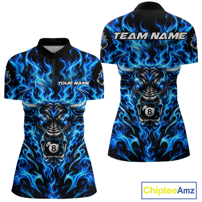 Fire Flame Bull 8 Ball Billiard Shirt For Women Custom Flame Pool Billiard Tournament Jersey |Blue NYN5076