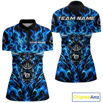 Fire Flame Bull 8 Ball Billiard Shirt For Women Custom Flame Pool Billiard Tournament Jersey |Blue NYN5076