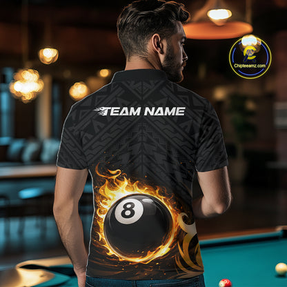 Yellow Tribal Flaming Pool 8 Ball Men Billiard Polo & 1/4-Zip Shirt Personalized Billiard Attire NYN2601
