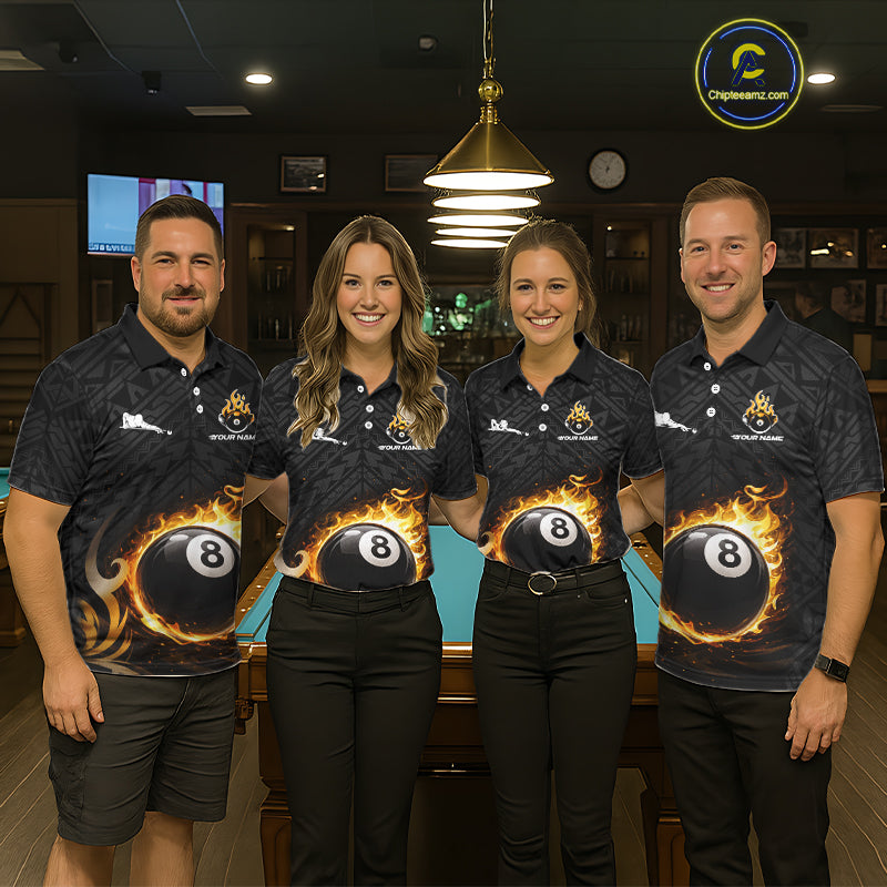 Yellow Tribal Flaming Pool 8 Ball Men Billiard Polo & 1/4-Zip Shirt Personalized Billiard Attire NYN2601