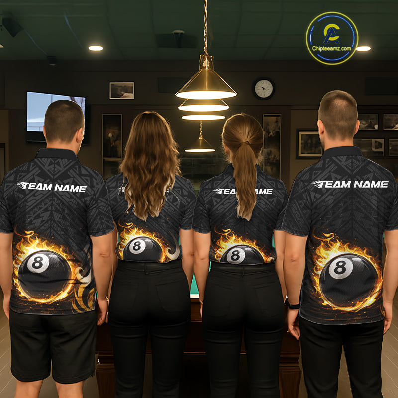 Yellow Tribal Flaming Pool 8 Ball Men Billiard Polo & 1/4-Zip Shirt Personalized Billiard Attire NYN2601