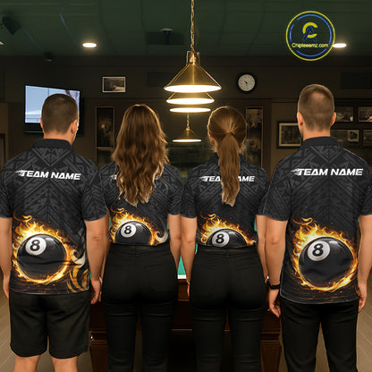 Yellow Tribal Flaming Pool 8 Ball Men Billiard Polo & 1/4-Zip Shirt Personalized Billiard Attire NYN2601