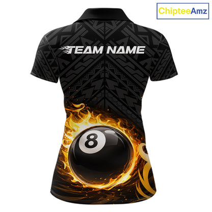 Yellow Tribal Flaming Pool 8 Ball Women Billiard Polo & 1/4-Zip Shirt Personalized Billiard Attire NYN2601