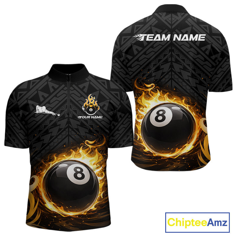 Yellow Tribal Flaming Pool 8 Ball Men Billiard Polo & 1/4-Zip Shirt Personalized Billiard Attire NYN2601