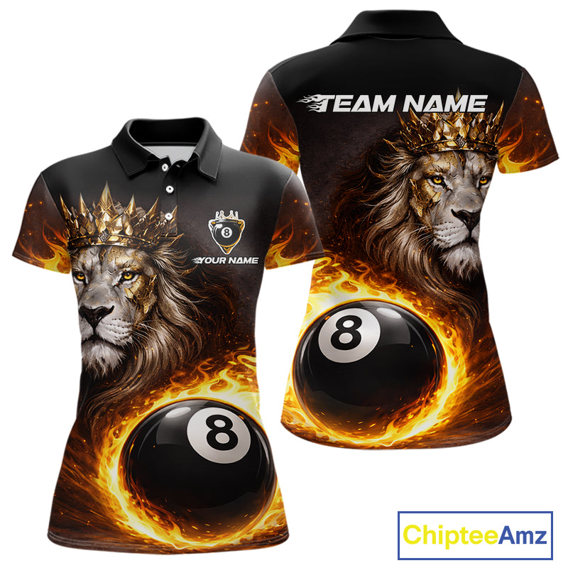 Yellow Flames Crown Lion Pool 8 Ball Women Billiard Polo & 1/4-Zip Shirt Custom Billiard Attire NYN2605