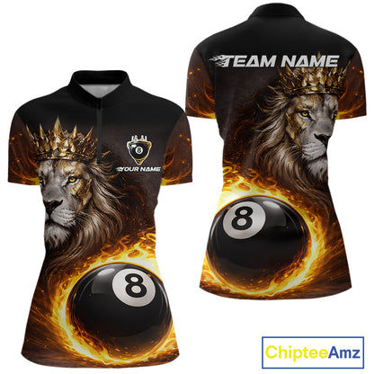 Yellow Flames Crown Lion Pool 8 Ball Women Billiard Polo & 1/4-Zip Shirt Custom Billiard Attire NYN2605