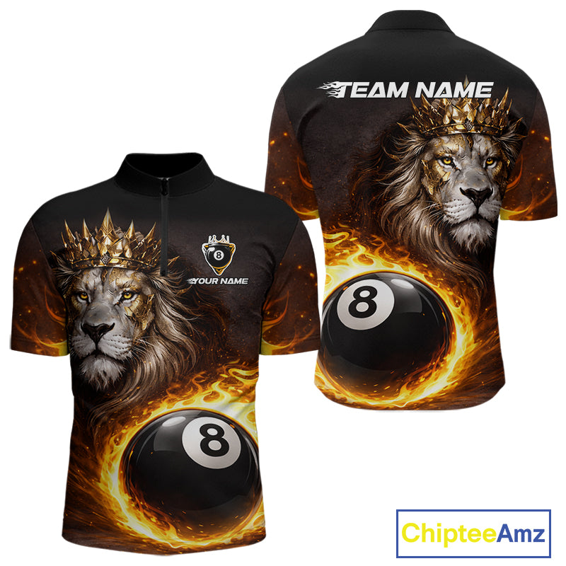 Yellow Flames Crown Lion Pool 8 Ball Men Billiard Polo & 1/4-Zip Shirt Custom Billiard Attire NYN2605