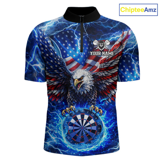 Patriotic Eagle Blue Flames Thunder Dartboard Women Darts Quarter-Zip Shirt Custom US Flag Darts Jersey NYN2607