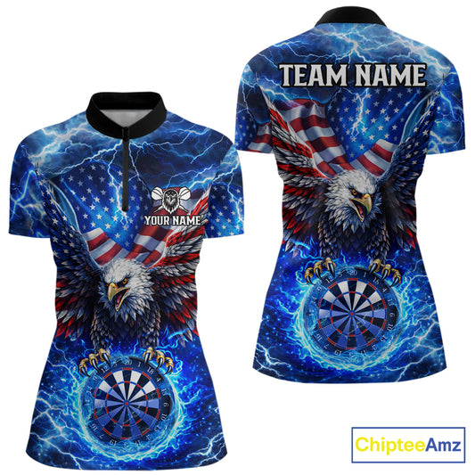 Patriotic Eagle Blue Flames Thunder Dartboard Women Darts Quarter-Zip Shirt Custom US Flag Darts Jersey NYN2607