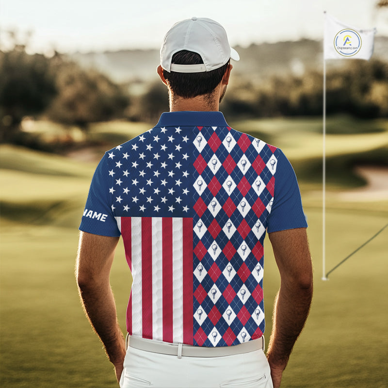 Mens Golf Polo Shirts American Flag Patriotic Custom Golf Ball Argyle Pattern Mens Golf Polos NYN3381