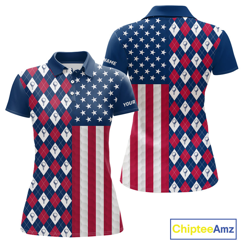 Womens American flag golf polo shirt custom golf ball argyle patriotic golf polo