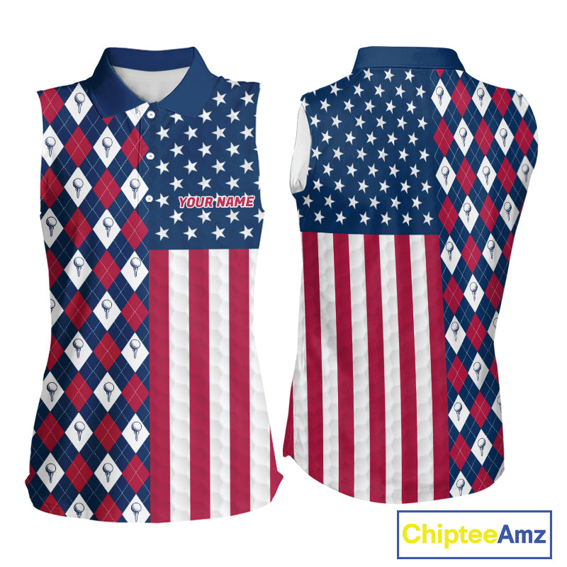 Womens American flag golf sleeveless polo shirt custom golf ball argyle patriotic golf polo
