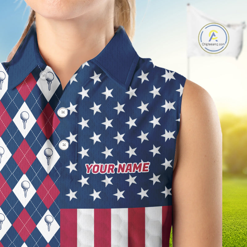 Womens Golf Sleeveless Polo Shirts American Flag Patriotic Custom Golf Ball Argyle Pattern Womens Golf Polos NYN3381